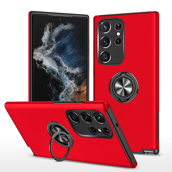 for Samsung Galaxy S22 Ultra Case, 360° Rotatable Ring Holder Kickstand Dual Layer Military-Grade Drop Tested Protection Support Car Holder Mount Magnetic Absorbing Bumper Phone Case, Red