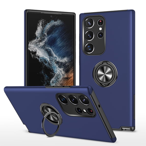 for Samsung Galaxy S22 Ultra Case, 360° Rotatable Ring Holder Kickstand Dual Layer Military-Grade Drop Tested Protection Support Car Holder Mount Magnetic Absorbing Bumper Phone Case, Blue
