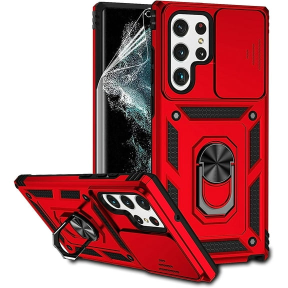 for Samsung Galaxy S22 Ultra Case with Camera Lens Cover HD Screen Protector, Military-Grade Drop Tested Magnetic Ring Holder Kickstand Protective Phone Case for Samsung Galaxy S22 Ultra 5G (Red)
