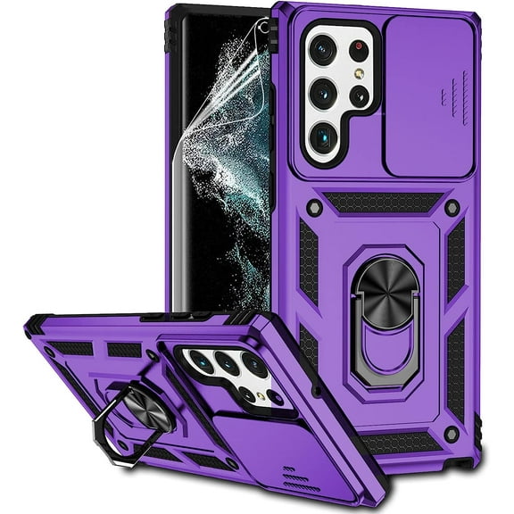 for Samsung Galaxy S22 Ultra Case with Camera Lens Cover HD Screen Protector, Military-Grade Drop Tested Magnetic Ring Holder Kickstand Protective Phone Case for Samsung Galaxy S22 Ultra 5G (Purple)