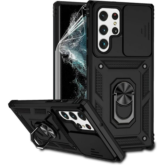 for Samsung Galaxy S22 Ultra Case with Camera Lens Cover HD Screen Protector, Military-Grade Drop Tested Magnetic Ring Holder Kickstand Protective Phone Case for Samsung Galaxy S22 Ultra 5G (Black)