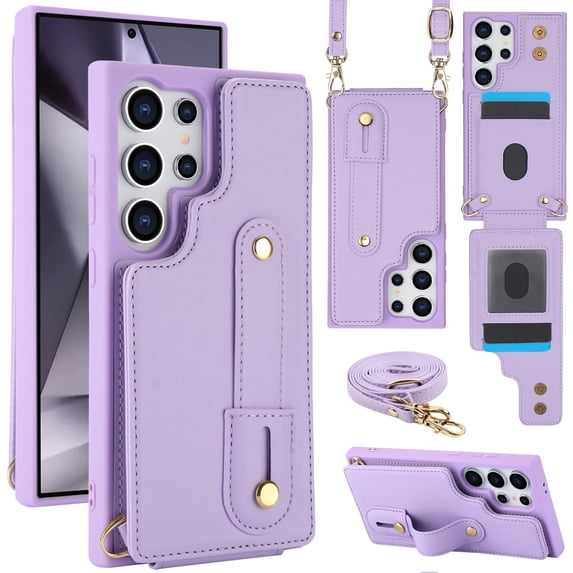 for Samsung Galaxy S22 Ultra Case with Card Holder Crossbody Lanyard Strap Leather Wallet Case with Magnetic Clasp Kickstand Heavy Duty Protective Back Flip Phone Cover for Women,Purple
