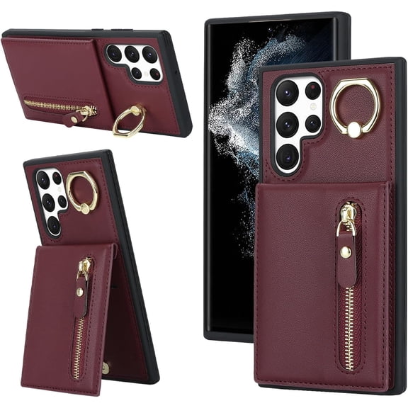 Samsung Galaxy S22 Ultra Case with Card Holder for Women, Samsung Galaxy S22 Ultra Phone Case Wallet with Credit Card with Ring Kickstand Zipper Shockproof Slim Stand Case - Red Wine