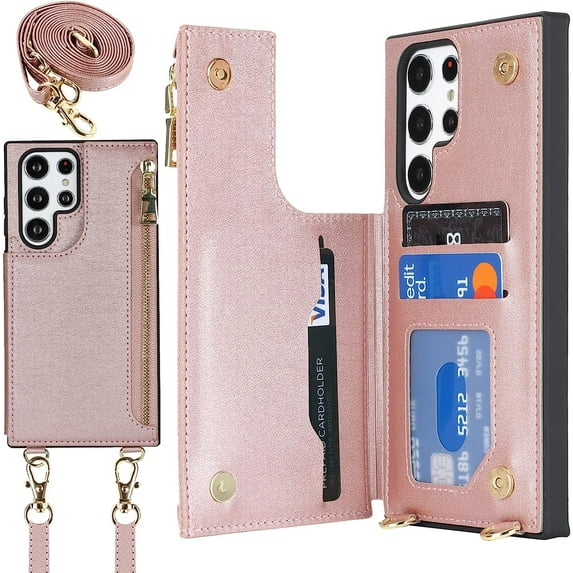 Samsung Galaxy S22 Ultra Case with Card Holder for Women,Samsung S22 Ultra 5G Crossbody Phone Case Wallet with Strap for Women,PU Leather Zipper Lanyard ID Credit Card Slot Kicstand,Rosegold