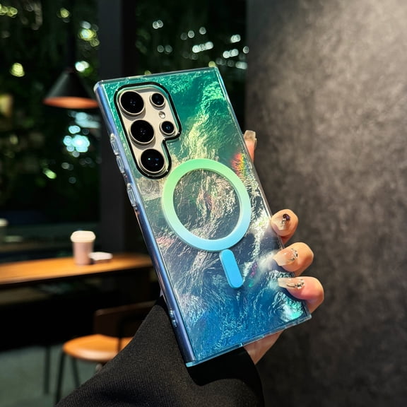 For Samsung Galaxy S22 Ultra Case - Compatible with Magsafe Aesthetic Cute Holographic Ripple Samsung Galaxy S22 Ultra Case with Bling Laser Sparkly Slim Cover for Women Girls, Blue