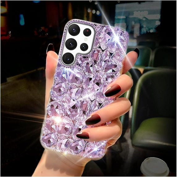 Samsung Galaxy S22 Ultra Case Diamond Case for Women 3D Glitter Sparkle Bling Case Luxury Shiny Crystal Diamond Bumper Clear Gems Cute Protective Girly Case Girls Cover(Purple)