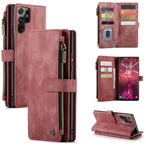 Samsung Galaxy S22 Ultra Case,Dteck Magnetic Wallet Case Premium Durable PU Leather Zipper Pocket Card Holder Kickstand Phone Cover for Galaxy S22 Ultra 5G,Red