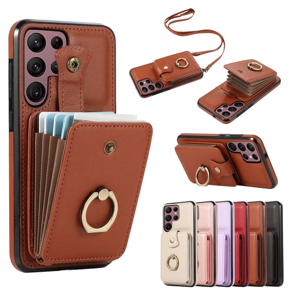 for Samsung Galaxy S22 Ultra Case, Elegant Minimalist Wallet Case with Ring Kickstand and Shoulder Strap, Shockproof Stylish Protective Durable PU Leather Cover for Samsung Galaxy S22 Ultra, Brown