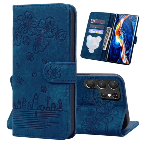 for Samsung Galaxy S22 Ultra Case, Flower Embossed PU Leather Shockproof Magnetic Flip Cover Card Holders Wallet Purse Phone Case for Samsung Galaxy S22 Ultra [6.8 Inch], Blue