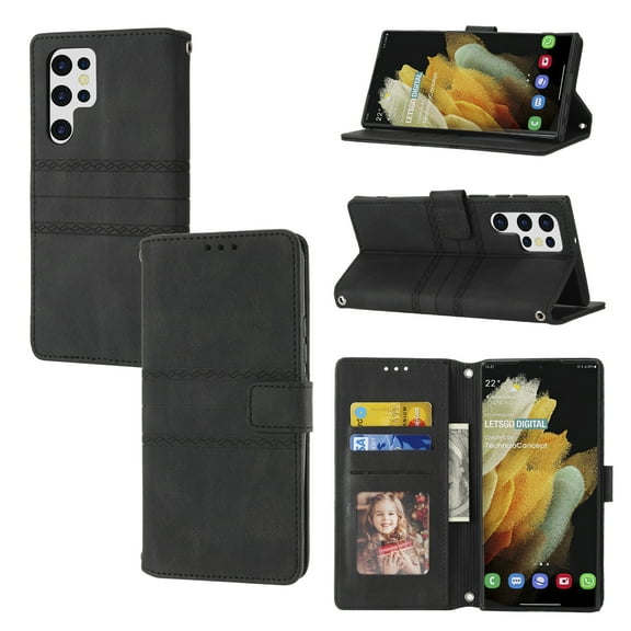 Samsung Galaxy S22 Ultra Case,[Flower Knurling] PU Folio Flip Wallet Magnetic Case Leather Protective Stand Cover with Wrist Strap for Samsung S22 Ultra with Card Slots for Women Men,Black