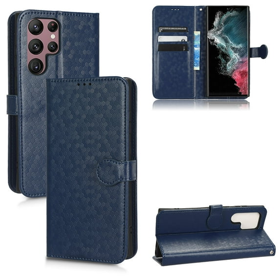 For Samsung Galaxy S22 Ultra Case Full Coverage Dustproof Anti-Scratch Anti-Fingerprint Kickstand Card Slots Wave-dot Pattern Design Convenient Wrist Strap PU Leather Luxury Wallet Cover,Blue