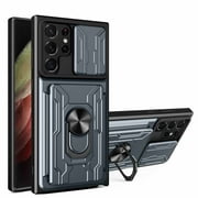 Samsung Galaxy S22 Ultra Case, Heavy Duty Shockproof Full Body Protective Dual Layer Back Phone Cover Built in Finger Ring Stable Kickstand Card Holder Case for Samsung Galaxy S22 Ultra 6.8 inch,Gray