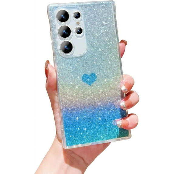 for Samsung Galaxy S22 Ultra Case Iridescent Holographic, Gradient Bling Glitter Clear Phone Case with Camera Lens Cover Soft Shockproof Cute Heart S22 Ultra Case for Women Girls 6.8" (Blue Heart)