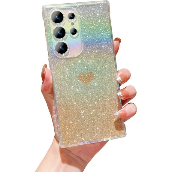 for Samsung Galaxy S22 Ultra Case Iridescent Holographic, Gradient Bling Glitter Clear Phone Case with Camera Lens Cover Soft Shockproof Cute Heart S22 Ultra Case for Women Girls 6.8" (Gold Heart)