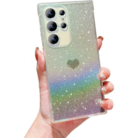 for Samsung Galaxy S22 Ultra Case Iridescent Holographic, Gradient Bling Glitter Clear Phone Case with Camera Lens Cover Soft Shockproof Cute Heart S22 Ultra Case for Women Girls 6.8" (Black Heart)