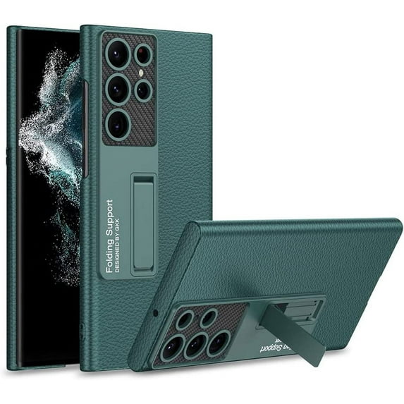 for Samsung Galaxy S22 Ultra Case, with Kickstand Luxury Ultra-Thin PU Plain Leather Pattern Vintage,Camera Protection with Pen Hole Cover Slim for Galaxy S22 Ultra (S22Ultra,Green Plain)