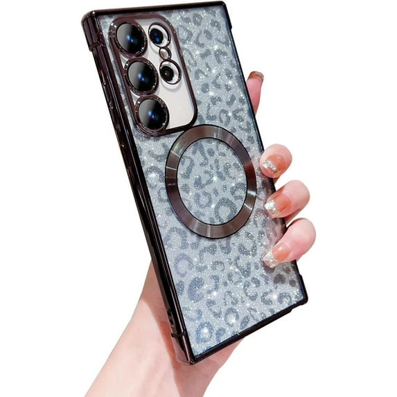 for Samsung Galaxy S22 Ultra Case Magnetic Compatible with MagSafe Cute Leopard Glitter Phone Case for Women Luxury Plating Clear Camera Lens Cover Shockproof Soft Bumper for S22 Ultra (Black)