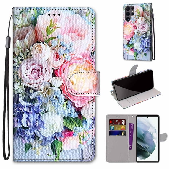 For Samsung Galaxy S22 Ultra Case, Mantto Magnetic PU Leather Phone Case With Hand Rope Strap Cute Pattern Painted Flip Credit/ ID Card Wallet Slots Stand, Bouquet