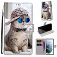 thumbnail image 1 of For Samsung Galaxy S22 Ultra Case, Mantto Magnetic PU Leather Phone Case With Hand Rope Strap Cute Pattern Painted Flip Credit/ ID Card Wallet Slots Stand, Hat&Cat, 1 of 8