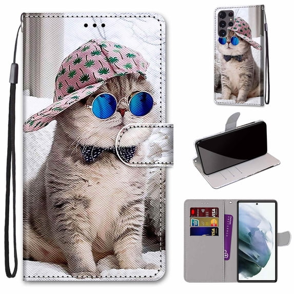 For Samsung Galaxy S22 Ultra Case, Mantto Magnetic PU Leather Phone Case With Hand Rope Strap Cute Pattern Painted Flip Credit/ ID Card Wallet Slots Stand, Hat&Cat