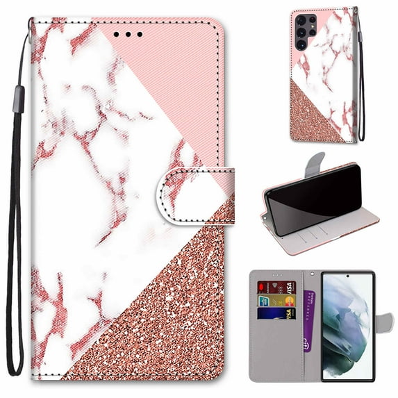 For Samsung Galaxy S22 Ultra Case, Mantto Magnetic PU Leather Phone Case With Hand Rope Strap Cute Pattern Painted Flip Credit/ ID Card Wallet Slots Stand, Marble Pattern