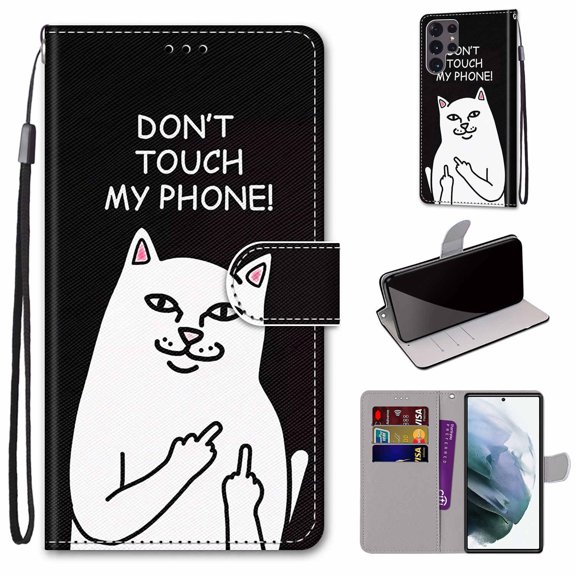 For Samsung Galaxy S22 Ultra Case, Mantto Magnetic PU Leather Phone Case With Hand Rope Strap Cute Pattern Painted Flip Credit/ ID Card Wallet Slots Stand, White Cat