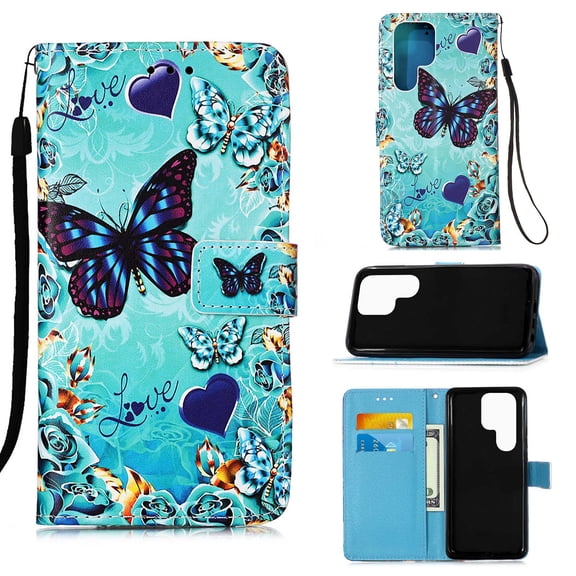 For Samsung Galaxy S22 Ultra Case, Mantto Patterned With Hand Rope Strap Cute Painted Flip Card Wallet Slots Case,Kickstand Phone Skin For Samsung Galaxy S22 Ultra 5G, Heart Butterfly