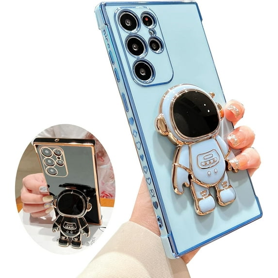 for Samsung Galaxy S22 Ultra Case,Pasteable Astronaut Kickstand Stand Bracket,Gold Trim Plating Cover for Women Upgrade Shockproof Corner for Samsung Galaxy S22 Ultra (S22Ultra,Blue)