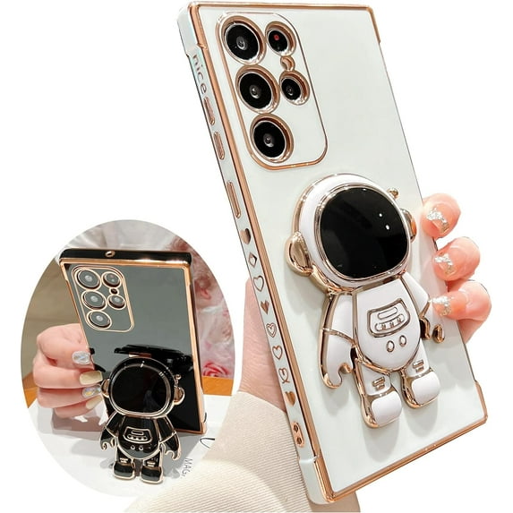 for Samsung Galaxy S22 Ultra Case,Pasteable Astronaut Kickstand Stand Bracket,Gold Trim Plating Cover for Women Upgrade Shockproof Corner for Samsung Galaxy S22 Ultra (S22Ultra,White)