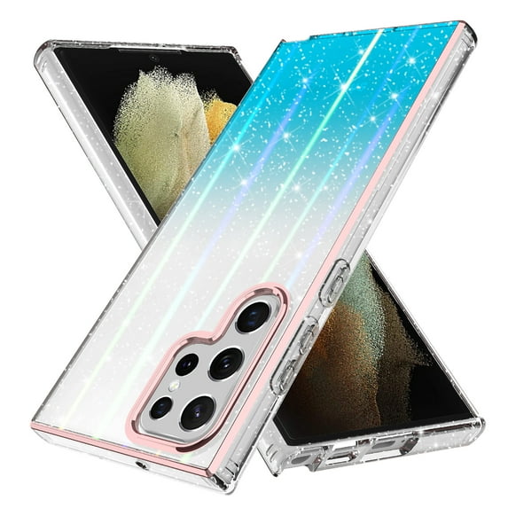 Samsung Galaxy S22 Ultra Case, Rosebono Bling Glitter Sparkle Laser Blue Ultra Transparent Skin Cover Shockproof Case for Samsung Galaxy S22 Ultra