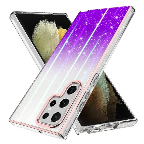Samsung Galaxy S22 Ultra Case, Rosebono Bling Glitter Sparkle Laser Purple Ultra Transparent Skin Cover Shockproof Case for Samsung Galaxy S22 Ultra