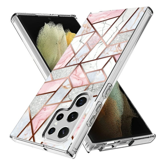 Samsung Galaxy S22 Ultra Case, Rosebono Hybrid Bling Glitter Sparkle Laser Pink Polygon Geometric Marble Graphic Cover Case for Samsung Galaxy S22 Ultra