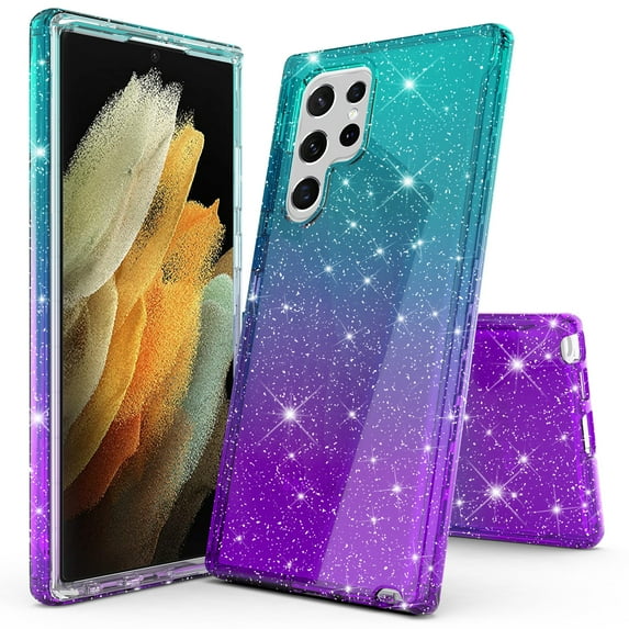 Samsung Galaxy S22 Ultra Case, Rosebono Hybrid Glitter Sparkle Transparent Colorful Gradient TPU Skin Cover Case For Samsung Galaxy S22 Ultra (Teal/Purple)