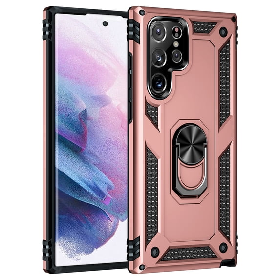 Samsung Galaxy S22 Ultra Case, Rosebono Hybrid Slim Colorful Armor Cover Case With Adjustable Integrated 360 Degree Rotating Ring Kickstand For Samsung Galaxy S22 Ultra (Rose Gold)