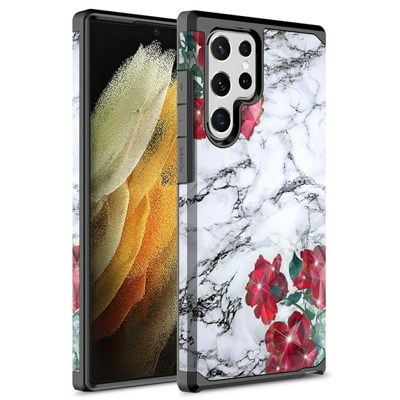Samsung Galaxy S22 Ultra Case, Rosebono Slim Hybrid Shockproof Hard Cover Graphic Fashion Colorful Skin Cover Armor Case for Samsung Galaxy S22 Ultra (Rose Marble)