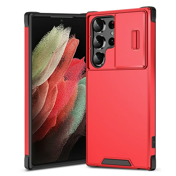 For Samsung Galaxy S22 Ultra Case with Sliding Camera Lens Protector, Hard PC Back Cover Shockproof Drop Protection Anti-Scratch Phone Case for Samsung Galaxy S22 Ultra, Red