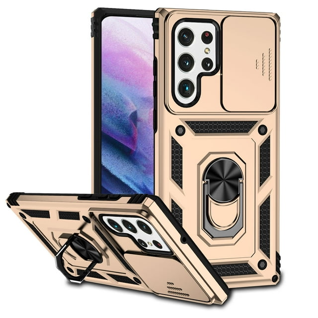 Samsung Galaxy S22 Ultra Case with Stand, Dteck Compatible With Magnetic Car Mount Ring Holder Kickstand Case Rugged Shockproof Cover with Slide Camera Lens Protector For Samsung Galaxy S22 Ultra,Gold