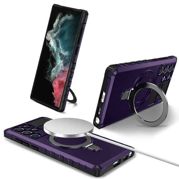 for Samsung Galaxy S22 Ultra Case with Stand, Magnetic Rugged Military Grade Shockproof Portective Case Compatible with MagSafe Wireless Charger&Magnetic Car Mount Holder, Purple