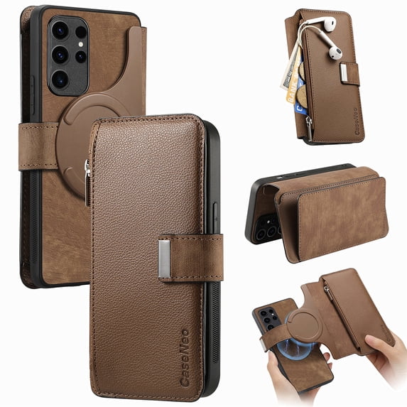 for Samsung Galaxy S22 Ultra Case Wallet, Detachable Magnetic 2-in-1 Wallet Flip Case for Women Men with RFID Blocking Card Slots Zipper Pocket Kickstand PU Leather Cover for Galaxy S22 Ultra, Brown