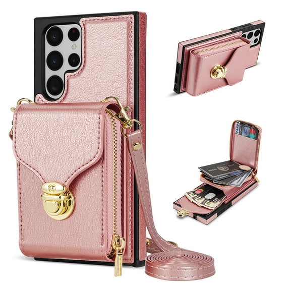 for Samsung Galaxy S22 Ultra Case Wallet with Shoulder Strap for Women - Crossbody Lanyard,Zipper Pocket,Credit Card Holder,Shockproof - Metal Buckle Closure Premium PU Leather Case, Rosegold