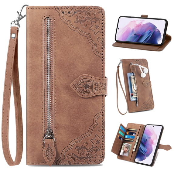 for Samsung Galaxy S22 Ultra Case for Women,Cute Wallet Case with Zipper Pocket Purse Flower Embossed PU Leather Card Slots Wrist Strap Flip Folio Protective Cover for Samsung Galaxy S22 Ultra, Brown