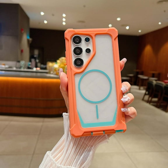 for Samsung Galaxy S22 Ultra Clear Phone Case Magnetic Compatible with Mag-Safe, Military Grade Drop Protection Anti-Yellowing Phone Cover, Rugged Shockproof Bumper Frame Protective Case, Orangemint