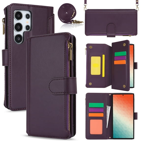 for Samsung Galaxy S22 Ultra Crossbody Case, RFID Blocking for Galaxy S22 Ultra Case Wallet with Card Holder, Fashion PU Leather Magnetic Flip Zipper Wrist Strap Lanyard Phone Case, Purple