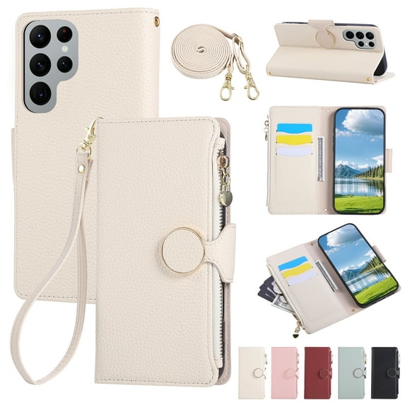 for Samsung Galaxy S22 Ultra Crossbody Wallet Case with Card Holder - Large Capacity PU Leather Case with Stand & Lanyard & Wrist Strap, Shockproof Magnetic Clasp Protective Phone Cover, Beige