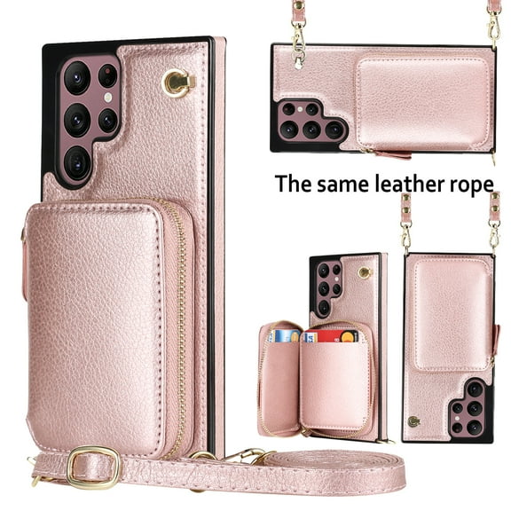 Samsung Galaxy S22 Ultra Crossbody Wallet Case, Zipper Pocket Phone Case Cross Body Strap with RFID Blocking Carring Bag Credit Card Premium Leather For Samsung Galaxy S22 Ultra, Rosegold
