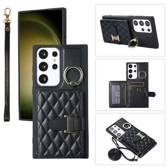 for Samsung Galaxy S22 Ultra Detachable Shoulder Strap Wallet Case, with Card Slots & 360-degree Rotation Stand Ring Flip Premium PU Leather Protective Cover Lanyard for Women Girls, Black