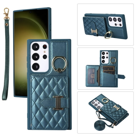 for Samsung Galaxy S22 Ultra Detachable Shoulder Strap Wallet Case, with Card Slots & 360-degree Rotation Stand Ring Flip Premium PU Leather Protective Cover Lanyard for Women Girls, Darkgreen
