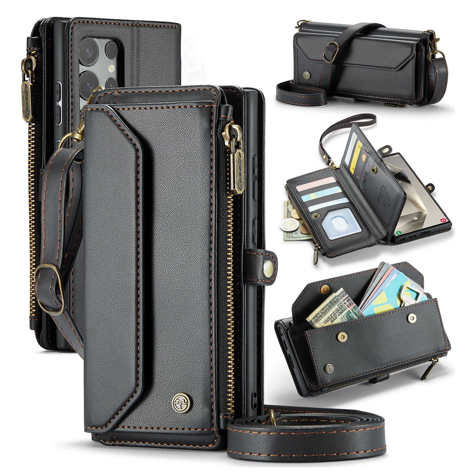 for Samsung Galaxy S22 Ultra Full Body Protection Wallet Folio Flip Case, Shoulder Strap & Wristlet Card Slots Zipper Pocket RFID Blocking Rugged Durable PU Leather Phone Case Cover, Black