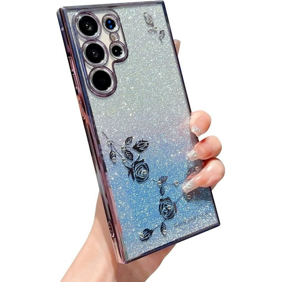 for Samsung Galaxy S22 Ultra Glitter Clear Case for Women Girls Cute Flower Bling Sparkle Luxury Plating Full Lens Camera Protection Phone Cover for S22 Ultra 5g 6.8" 2022 (Purple)