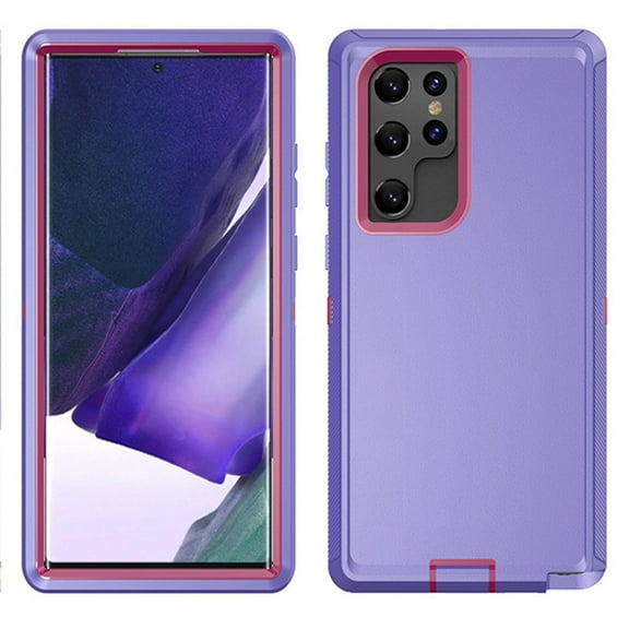 Heavy Duty Defender Rugged Belt Clip Holster Case for Samsung Galaxy S22 Ultra with Clip - Purple/Pink